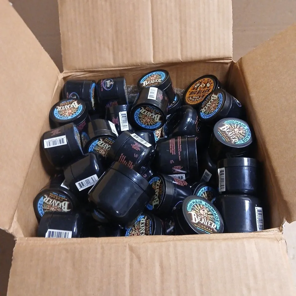 BOX OF APPROXIMATELY 45 ASSORTED HAIR CARE PRODUCTS: BEAVER CREAM HAIR POMADE 50G + THE BIG BLACK COCK GREASE ULTRA HARD 100G