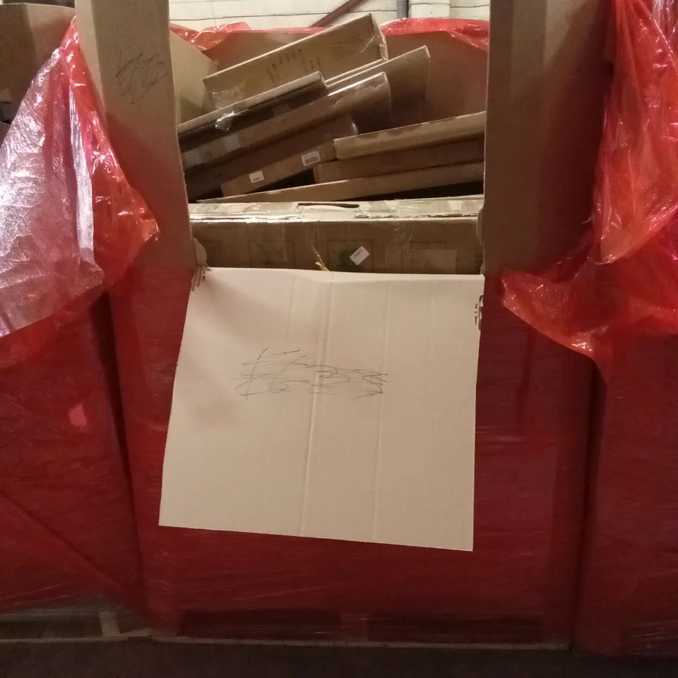 PALLET OF ASSORTED HOUSEHOLD GOODS AND PRODUCTS TO INCLUDE; CAT LITTER BOX, TURNTABLE, BOXED FURNITURE ETC 