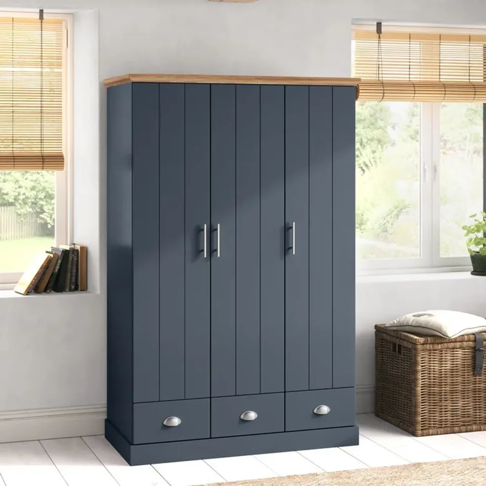 BOXED BRIELLE 3 DOOR MANUFACTURED WOOD WARDROBE IN SLATE BLUE (1 of 3 BOXES)