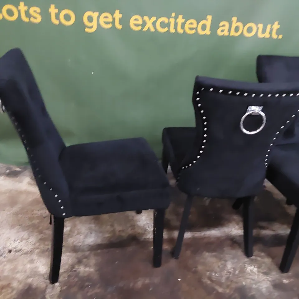SET OF FOUR DESIGNER UPHOLSTERED BUTTONED RING BACK DINING CHAIRS BLACK PLUSH FABRIC ON BLACK LEGS 