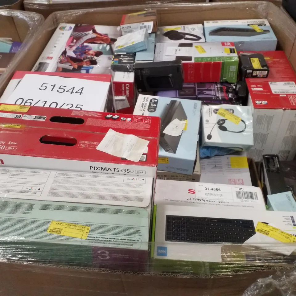 PALLET CONTAINING ASSORTED ELECTRICAL PRODUCTS INCLUDING POLAROID 120W SOUNDBAR,  2.1 PARTY SPEAKER SYSTEM, HDMI DVD PLAYER, UNIVERSAL TV WALL MOUNT, GAMING KIT & UNIVERSAL  REMOTE
