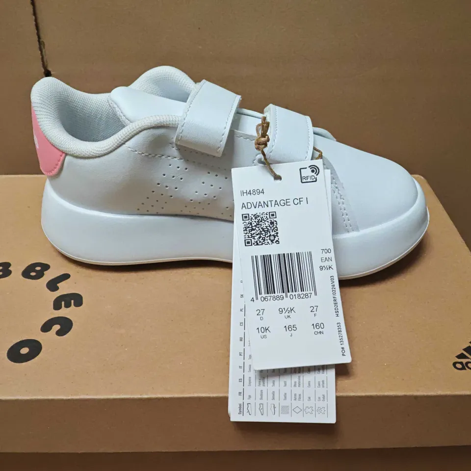 BOXED ADIDAS ADVANTAGE CF I KIDS TRAINERS – WHITE WITH PINK HEEL, UK 9½K 