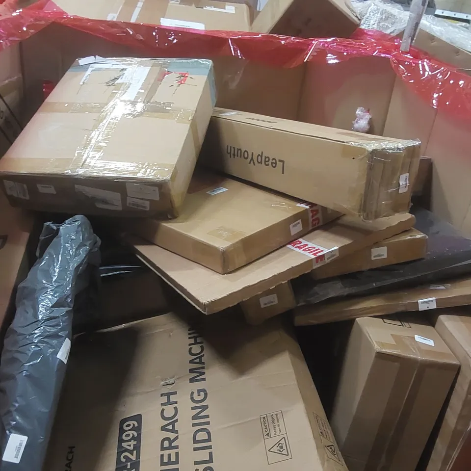 PALLET OF ASSORTED HOUSEHOLD GOODS AND PRODUCTS TO INCLUDE: SLIDING MACHINE, FOOT REST, KNOB-OPERATED CPU HOLDER, FLOATING SHELVES, ART PINECONE ECT
