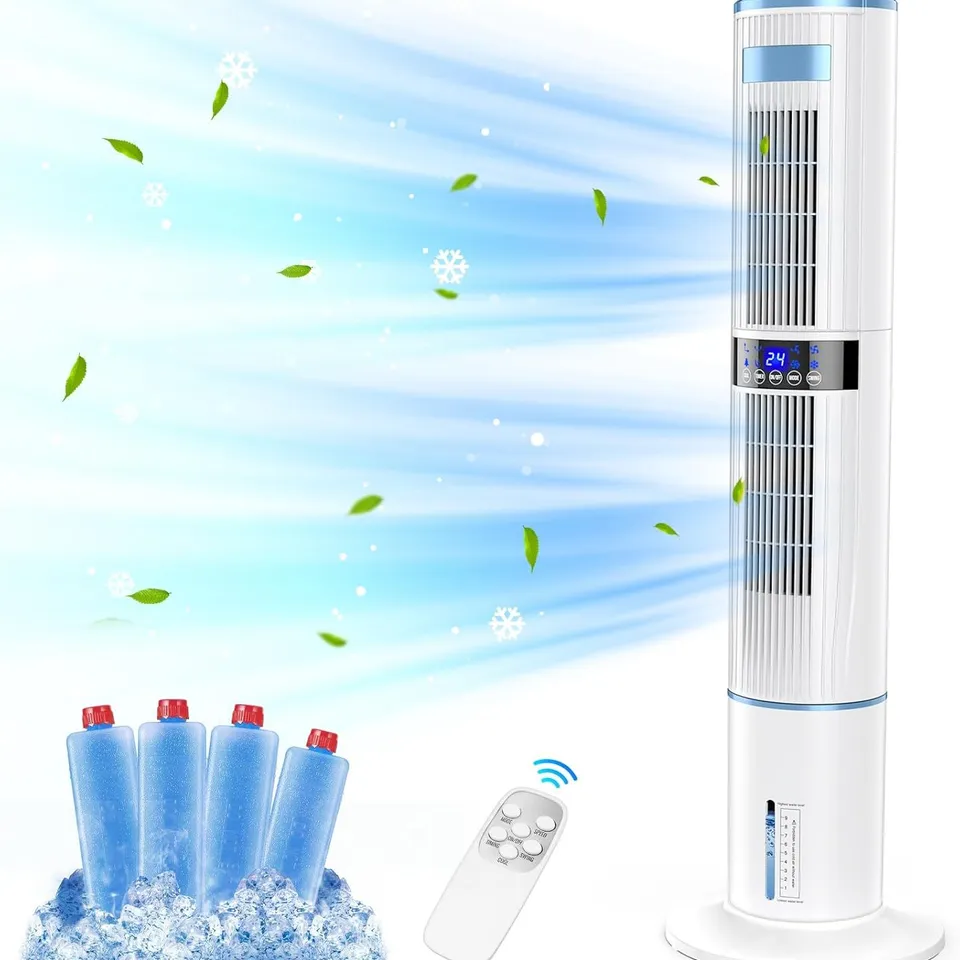 BOXED RAOFUO EVAPORATIVE AIR COOLER, 65W TOWER FAN AIR CONDITIONER 60° AUTOMATIC 360° MANUAL OSCILLATION 1-24H TIMER 3 SPEED 4 MODE 8M/S WIND W/ 4 ICE BOX REMOTE CONTROL COOLER