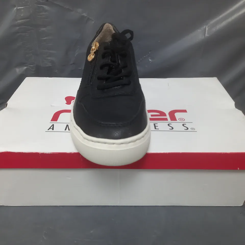 BOXED PAIR OF RIEKER CHUNKY SOLE TRAINERS IN BLACK SIZE 4