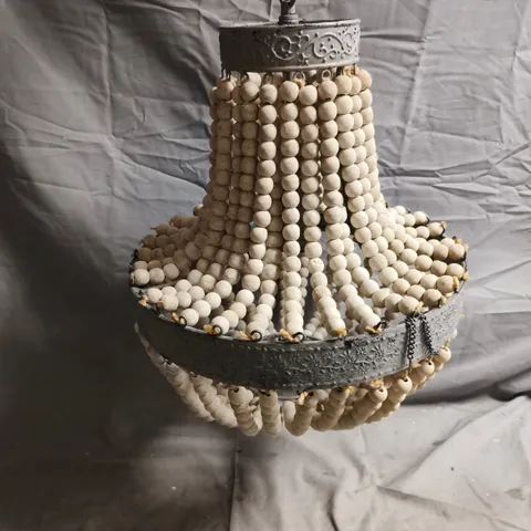 VINTAGE BEADED CHANDELIER WITH WOODEN BEADS AND ORNATE FRAME