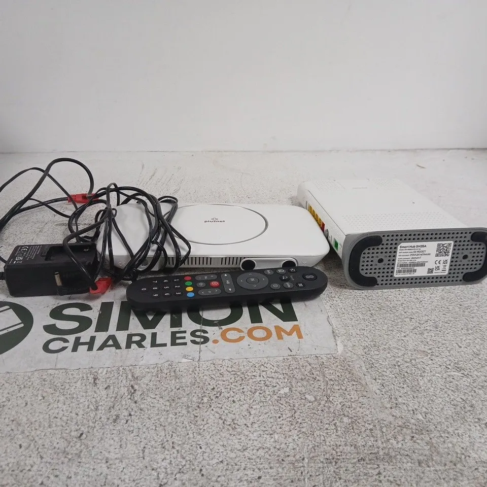 TOTE OF APPROXIMATELY 12 ASSORTED ITEMS TO INCLUDE PLUSNET ROUTER, SMART HUB, REMOTE CONTROL ETC