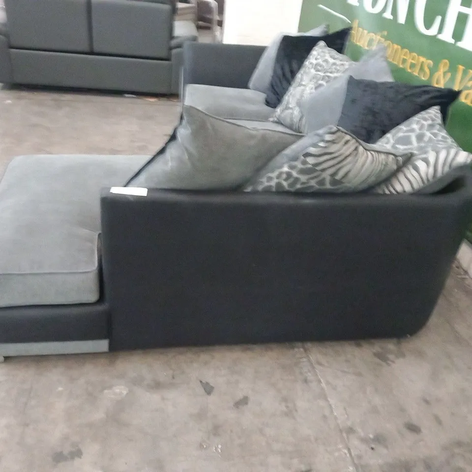 DESIGNER HILTON GRACELANDS GRAPHITE FABRIC AND VIPER BLACK SUEDE EFFECT FABRIC CORNER SOFA WITH SCATTER CUSHIONS AND STYLISH CHROME FEET
