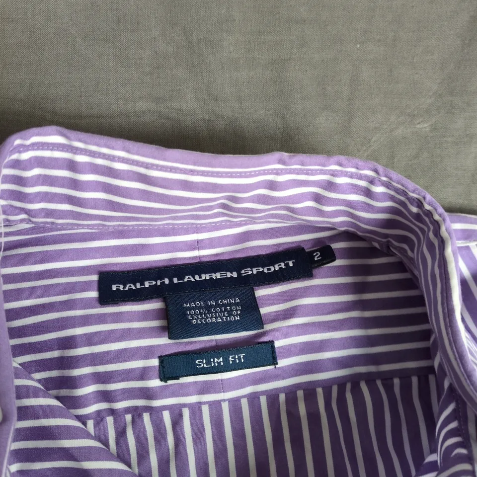 RALPH LAUREN SPORT SLIM FIT STRIPED SHIRT, PURPLE & WHITE – WOMENS SIZE 2