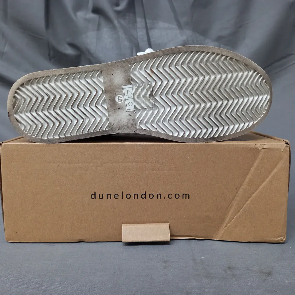 BOXED PAIR OF DUNE LONDON TRAINERS IN SILVER SIZE 7