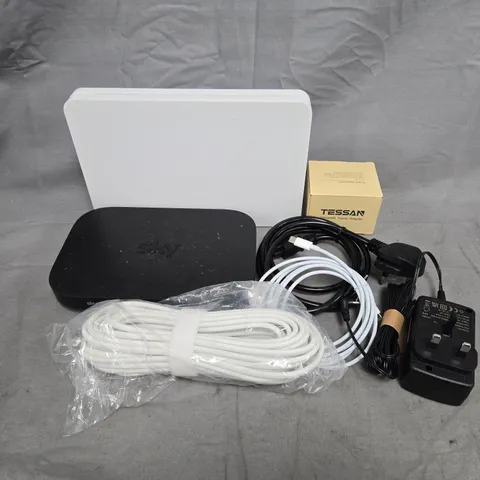 APPROXIMATELY 15 ASSORTED HOUSEHOLD ITEMS TO INCLUDE SKY BOXES, ASSORTED LEADS AND CHARGERS