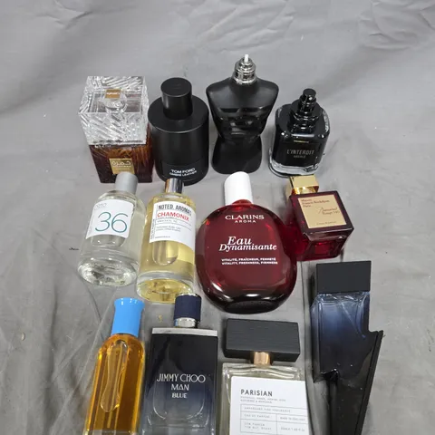 APPROXIMATELY 10 ASSORTED UNBOXED FRAGRANCES TO INCLUDE TOM FORD, CLARINS, JIMMY CHOO ETC