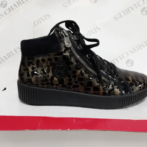 RIEKER TRAINER BOOT SIDE ZIP BLACK PATENT MULTI COLOURED - SIZE UK 6.5