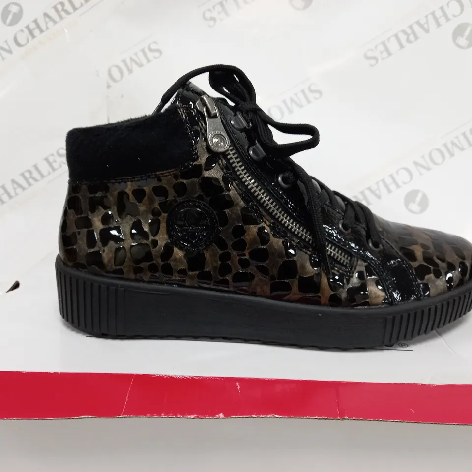 RIEKER TRAINER BOOT SIDE ZIP BLACK PATENT MULTI COLOURED - SIZE UK 6.5