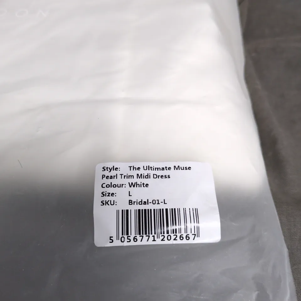 ODDMUSE LONDON THE ULTIMATE MUSE PEARL TRIM MIDI DRESS WHITE LARGE, BRIDAL. BAGGED