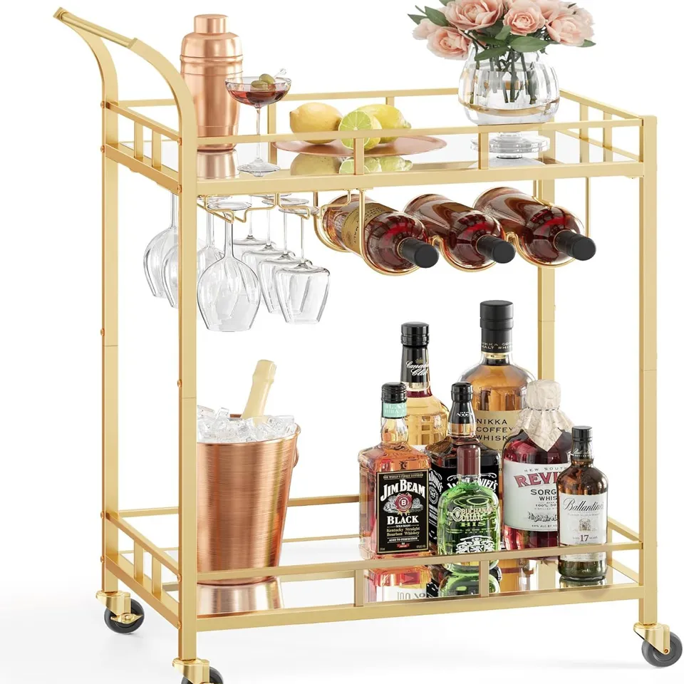 BOXED VASAGLE DRINKS TROLLEY, BAR CART, SERVING TROLLEY WITH 2 MIRRORED SHELVES, WINE HOLDERS, GLASS HOLDERS, FOR HOME BAR, KITCHEN, DINING ROOM, GOLD