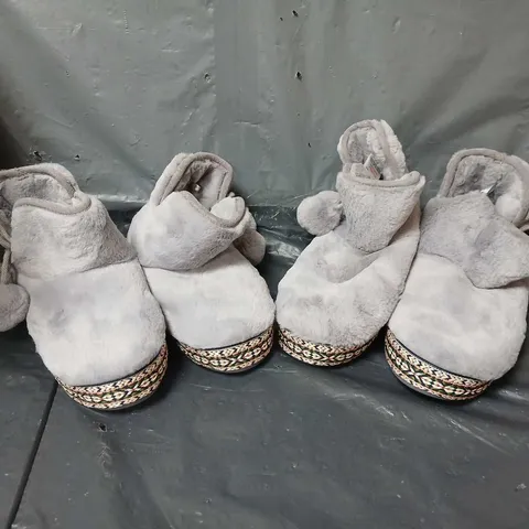 2 PAIRS OF WHITE STUFF FAUX FUR GREY BOOTIE SLIPPERS IN SMALL AND MEDIUM
