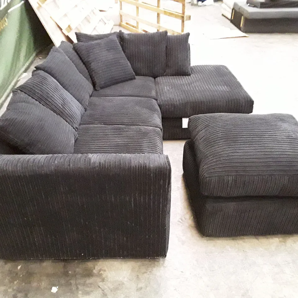QUALITY DESIGNER CORNER SOFA WITH FOOTSTOOL - BLACK CORDUROY FABRIC