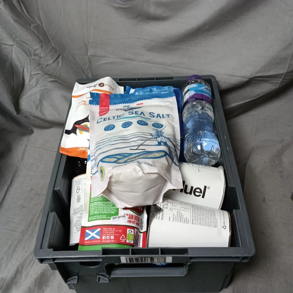 APPROXIMATELY 10 ASSORTED ITEMS OF FOOD AND DRINK INCLUDING SEBAGARDEN CELTIC SEA SALT, HUEL FIERY CHICKEN NOODLES AND ISLAND LARDER TROW/'S BOGIES FUDGE