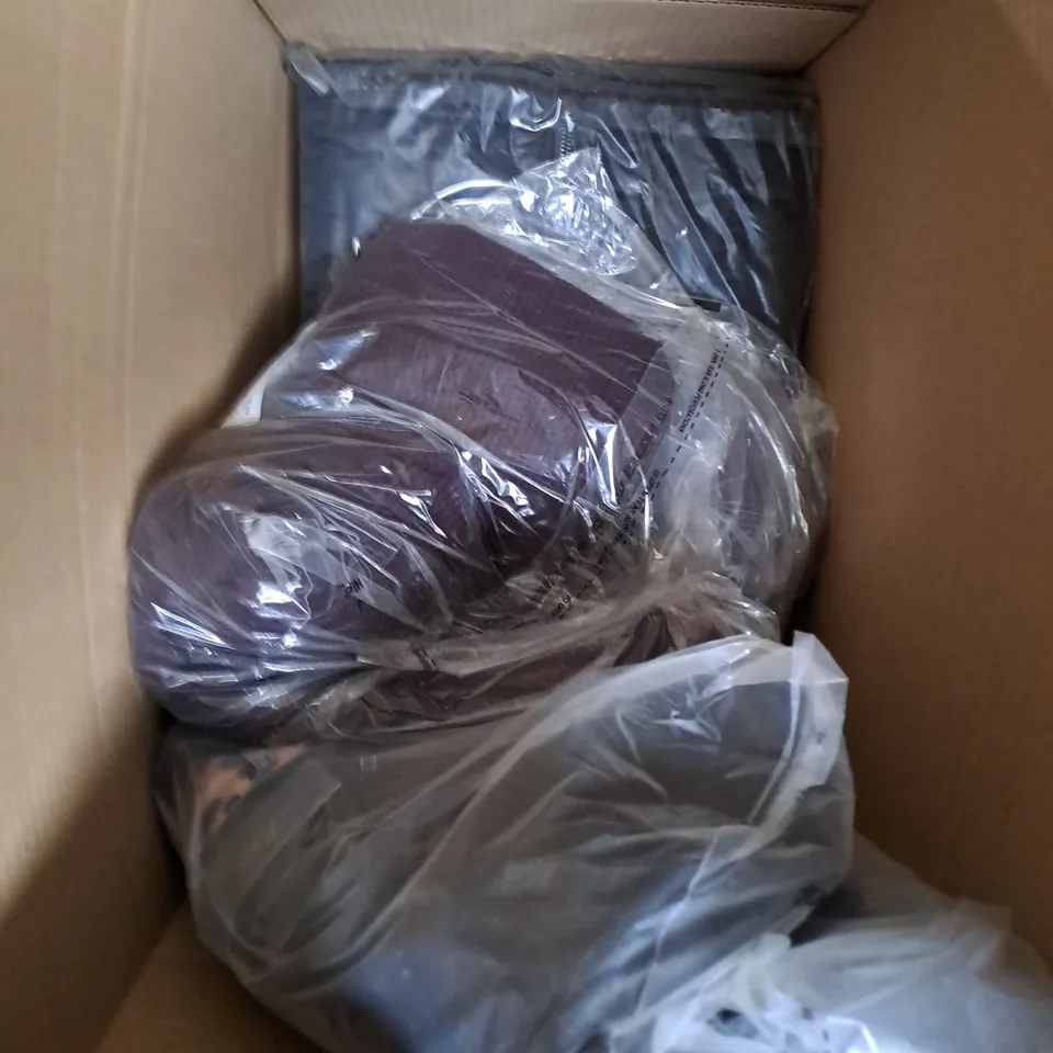 BOX OF ASSORTED CLOTHING ITEMS TOO INCLUDE COATS , TOPS, AND TROUSERS   ETC. 