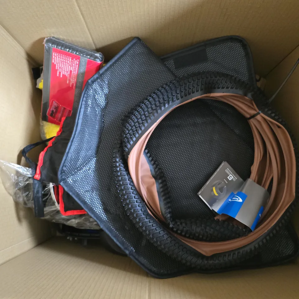 APPROXIMATELY 15 ASSORTED VEHICLE PARTS, TOOLS & ACCESSORIES TO INCLUDE SCHWALBE BILLY BONKERS TYRE, 46PCS SOCKET WRENCH SET, BIKE BRAEK PADS, ETC - COLLECTION ONLY