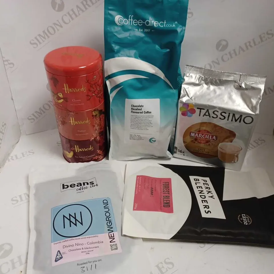 BOX OF APPROX 8 ITEMS TO INCLUDE HARRODS HOT CHOCOLATE, PERKY BLENDERS COFFEE BEANS AND COFFEE DIRECT COFFEE BEANS