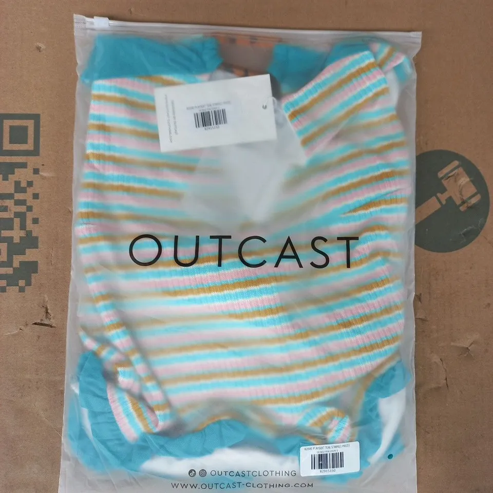 BAGGED OUTCAST ROSAE PLAYSUIT IN TEAL STRIPE SIZE SMALL