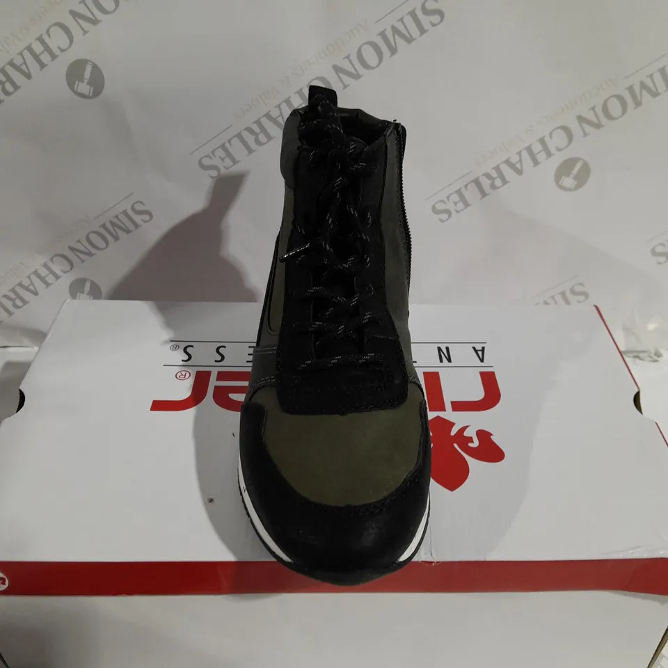 BOXED PAIR OF RIEKER HIGH TOP TRAINER BOOTS KHAKI SIZE 4