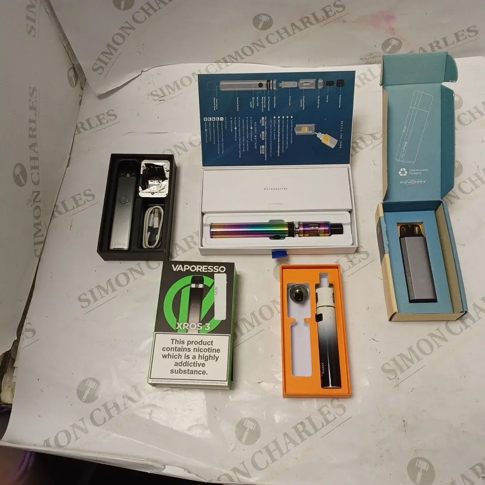 BOXED - 5 E-CIG PRODUCTS TO INCLUDE 2X VAPORESSO XROS 3, INNOKIN, AND ASPIRE