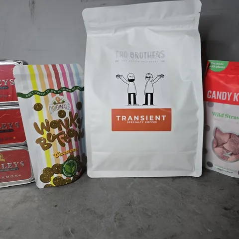 APPROXIMATELY 14 ASSORTED FOOD ITEMS TO INCLUDE - CANDY KITTENS STRAWBERRY , TWO BROTHERS TRANSIENT COFFEE , BARKLEY CINNAMON ETC