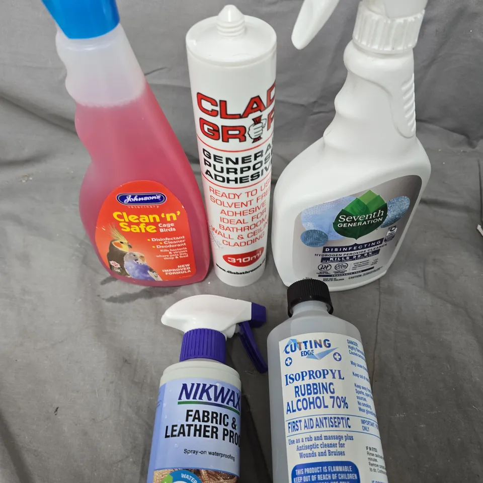 APPROXIMATELY 20 ASSORTED HOUSEHOLD ITEMS TO INCLUDE ADHESIVE, RUBBING ALCOHOL, SURFACE CLEANER ETC