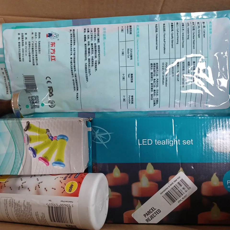BOX OF APPROX 18 ITEMS TO INCLUDE - MASSAGE ROLLER - ZERO IN ANT KILLER - LED TEALIGHTS SET ECT 