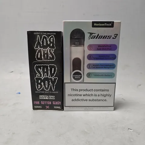 BOX OF APPROXIMATELY 22 ASSORTED E-CIGARETTES PRODUCTS TO INCLUDE - SAD BOY HAPPY END PINK COTTON CANDY , HORIZON TECH TALONS 3