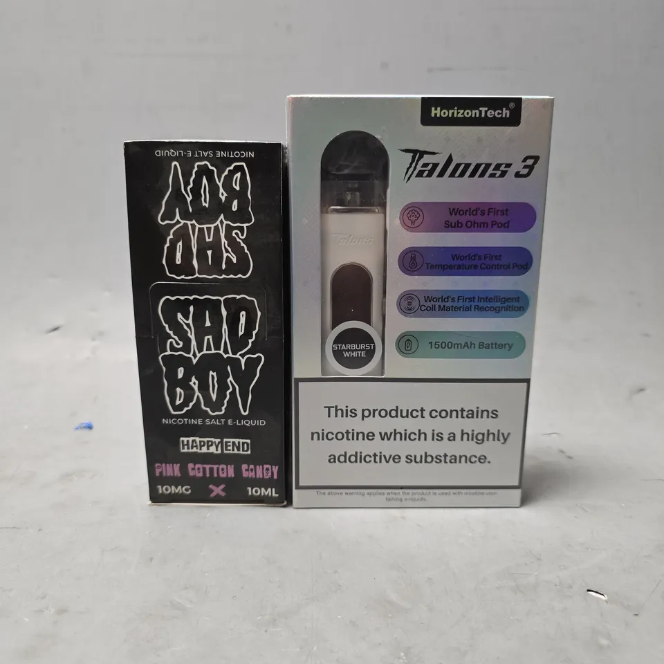 BOX OF APPROXIMATELY 22 ASSORTED E-CIGARETTES PRODUCTS TO INCLUDE - SAD BOY HAPPY END PINK COTTON CANDY , HORIZON TECH TALONS 3 