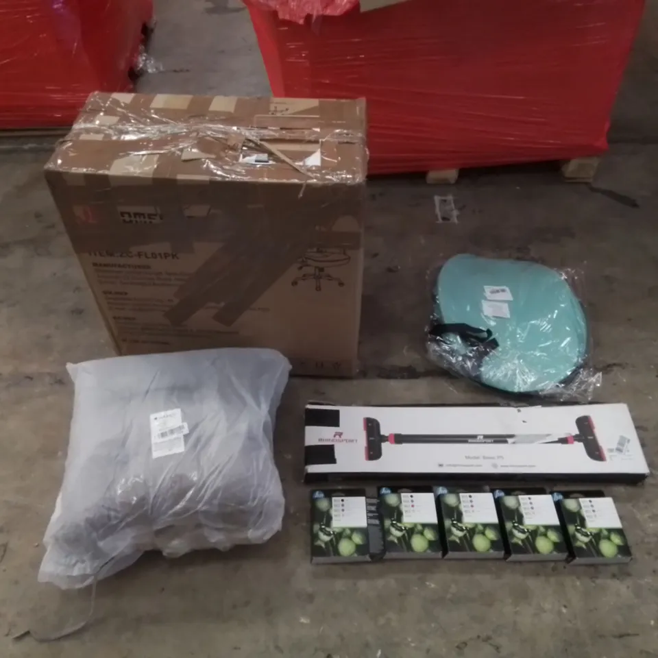 PALLET CONTAINING ASSORTED HOUSEHOLD & HOME IMPROVEMENT PRODUCTS. INCLUDES INK CARTRIDGES, PULL-UP BAR, BEACH POP-UP TENT, COMPUTER CHAIR, SEAT CUSHIONS ETC 