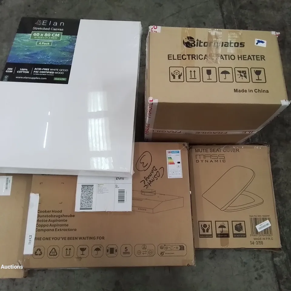 PALLET OF ASSORTED ITEMS INCLUDING 60×80CM STRETCHED CANVAS, ELECTRIC PATIO HEATER, TOILET SEATER, BATHTUB TRAY, COOKER HOOD