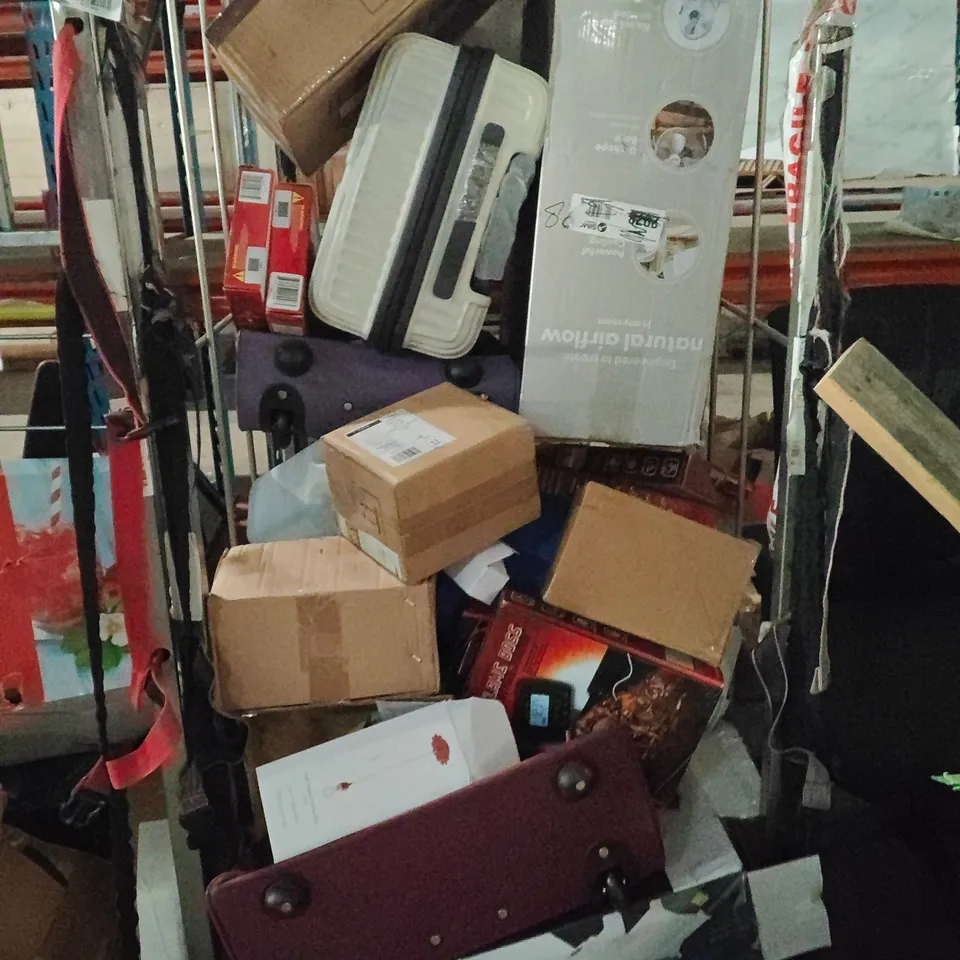 CAGE OF ASSORTED HOUSEHOLD GOODS AND PRODUCTS TO INCLUDE;FAN, SUITCASE,WALL LIGHT, STORAGE JARS,CABIN BAG