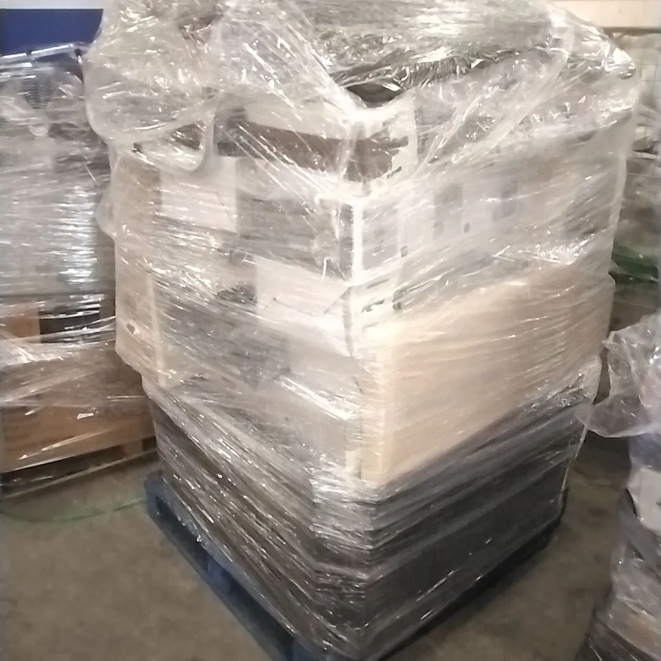 PALLET OF ASSORTED HOUSEHOLD GOODS AND PRODUCTS TO INCLUDE; HOOVERS, SUITCASES, CHAIRS, BAMBOO SHOE RACK, 4 SEATER RATTAN SET ETC