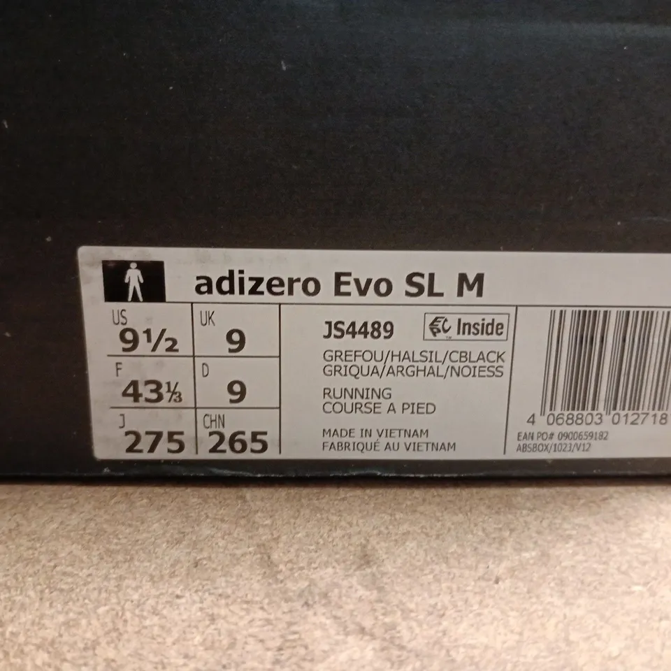 BOXED PAIR OF ADIZERO EVO SL M RUNNING SHOES – ADIDAS, GREY/WHITE, UK 9