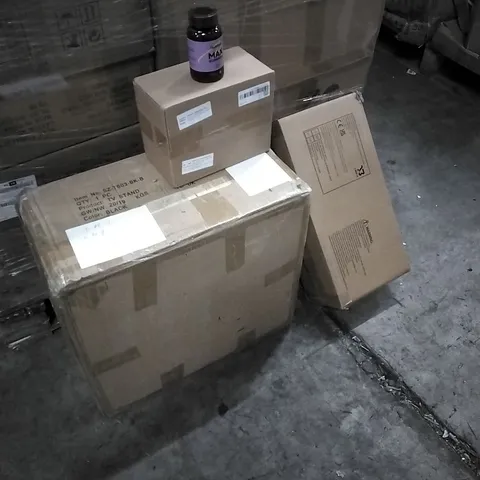 PALLET OF HOUSEHOLD ITEMS TO INCLUDE MOUSE TRAPS, MAX GUMMIES,  TV STAND, BALANCE BIKE AND OTHER ASSORTED ITEMS...