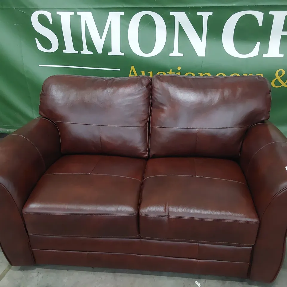 DESIGNER SCROLL ARM TWO SEATER SOFA CHESTNUT LEATHER 