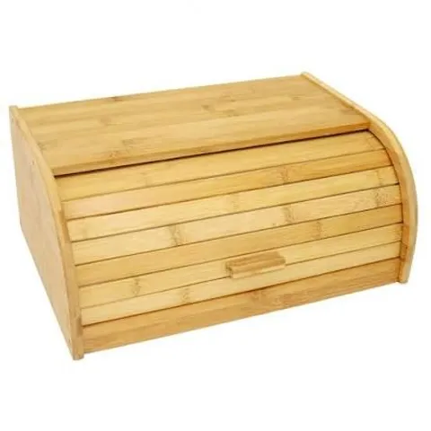 BOXED SINGLE LAYER ROLL TOP BAMBOO WOODEN BREAD BIN KITCHEN STORAGE