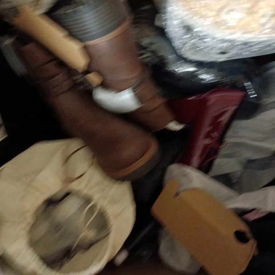 BOX OF APPROXIMATELY 15 ASSORTED PAIRS OF SHOES AND FOOTWEAR ITEMS IN VARIOUS COLOURS, STYLES, AND SIZES - COLLECTION ONLY
