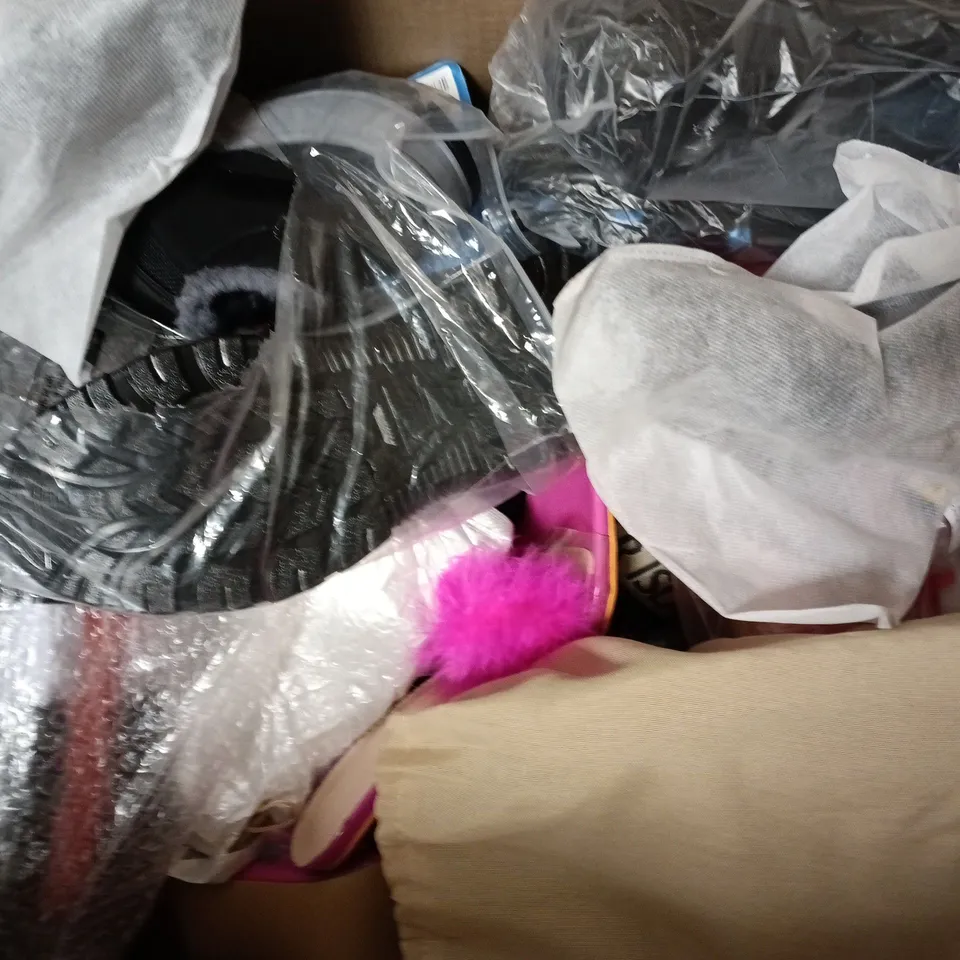 BOX OF APPROXIMATELY 15 ASSORTED PAIRS OF SHOES AND FOOTWEAR ITEMS IN VARIOUS COLOURS, STYLES, AND SIZES - COLLECTION ONLY