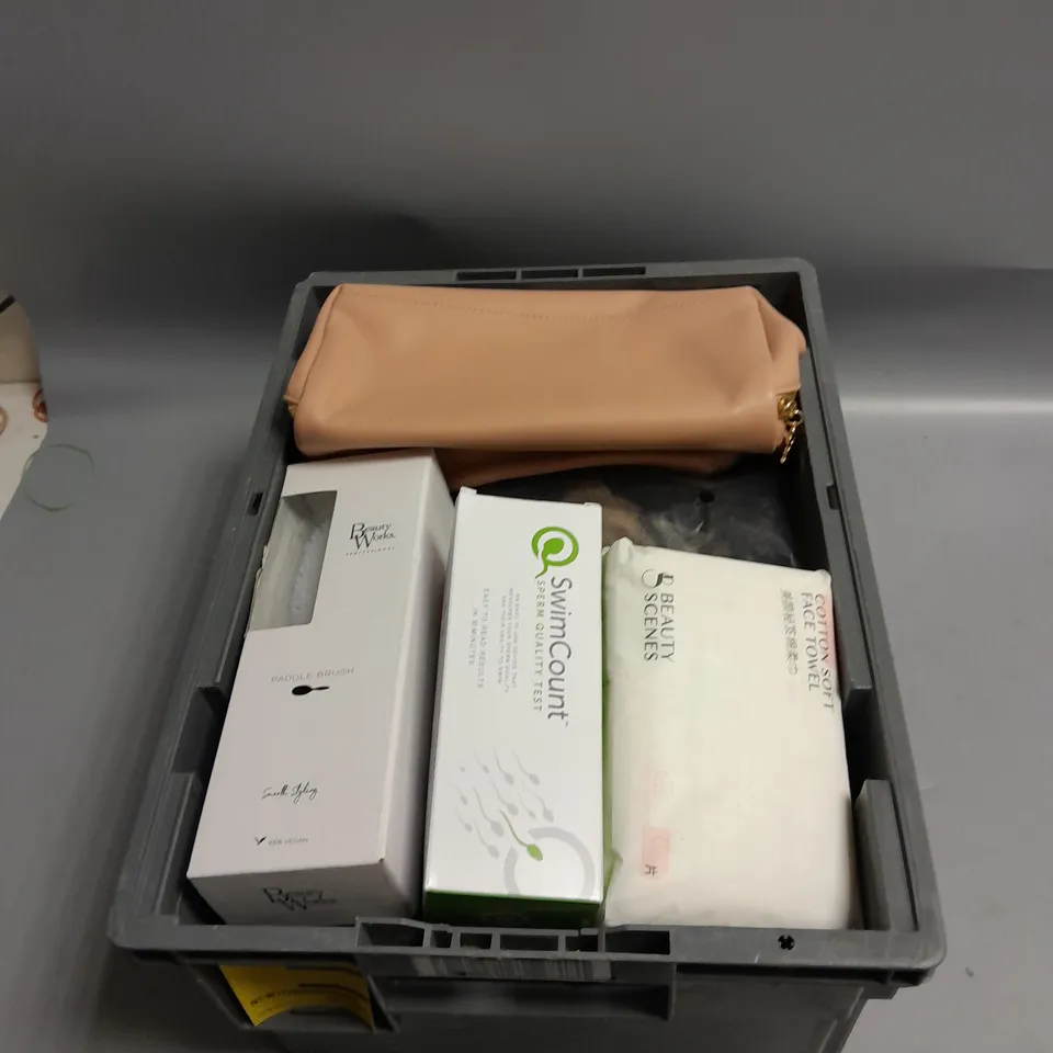 BOX OF ASSORTED COSMETIC ITEMS TOO INCLUDE RAZORS , WIGS , RAZOR , ETC 