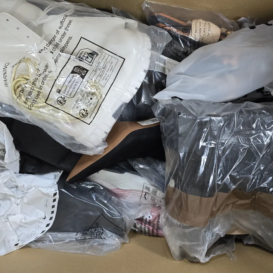 BOX OF APPROXIMATELY 15 ASSORTED PAIRS OF SHOES AND FOOTWEAR ITEMS IN VARIOUS COLOURS, STYLES, AND SIZES - COLLECTION ONLY