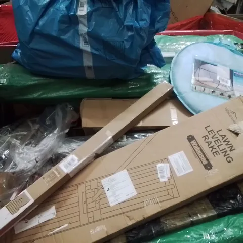 PALLET CONTAINING VARIOUS ASSORTED BOXED HOUSEHOLD ITEMS TO INCLUDE: LAWN LEVELING RAKE, MOSQUITO NET, AREA RUGS AND LOTS MORE UNMARKED BOXED ITEMS