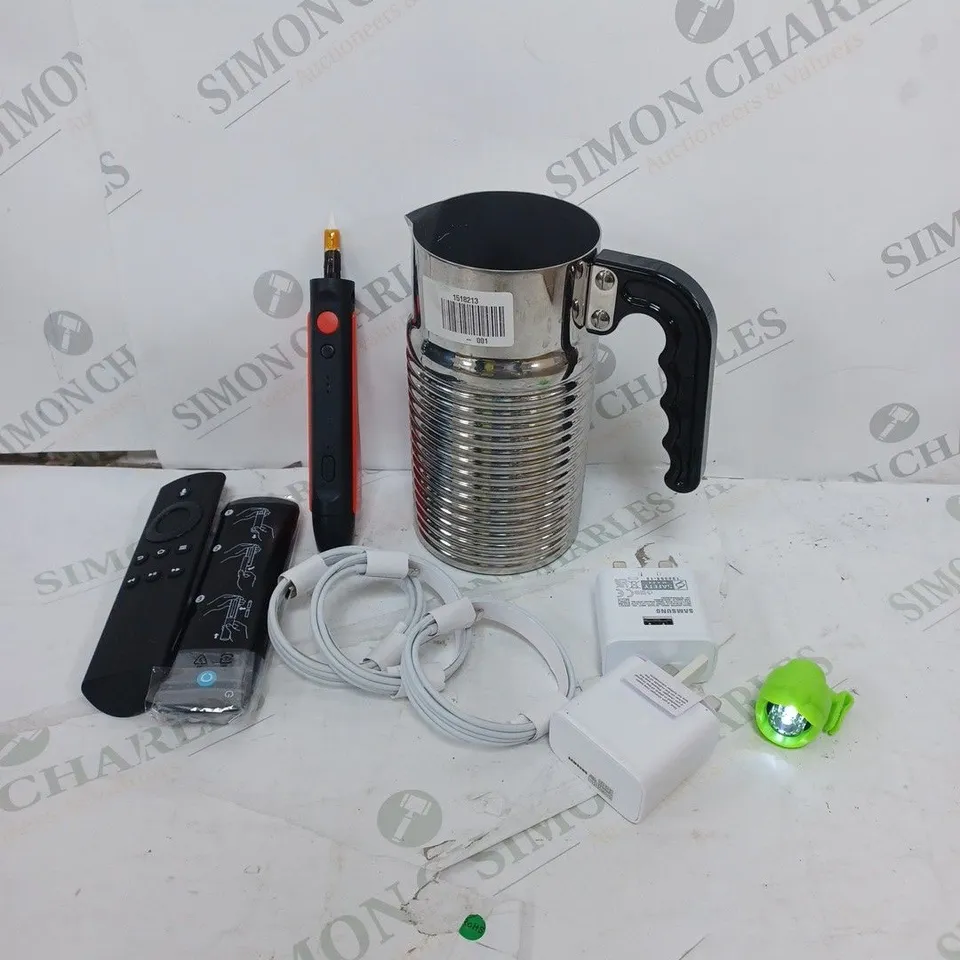BOX OF APPROXIMATELY 15 ASSORTED ELECTRICAL AND HOUSEHOLD PRODUCTS TO INCLUDE CHARGING CABLES, USB PLUGS, SPARE REMOTES ETC 