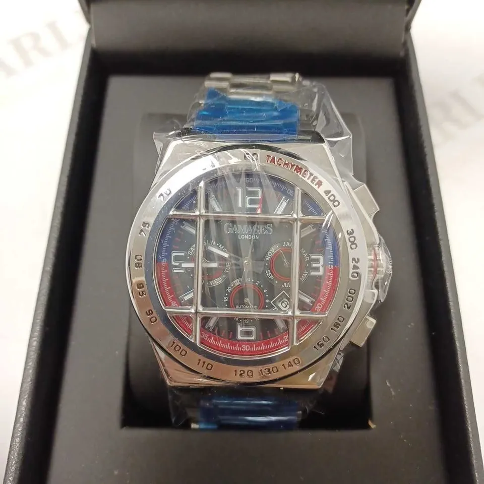 GAMAGES BASTION STEEL TRIPLE DATE BAR DIAL TACHYMETER BRACELET STRAP WRISTWATCH