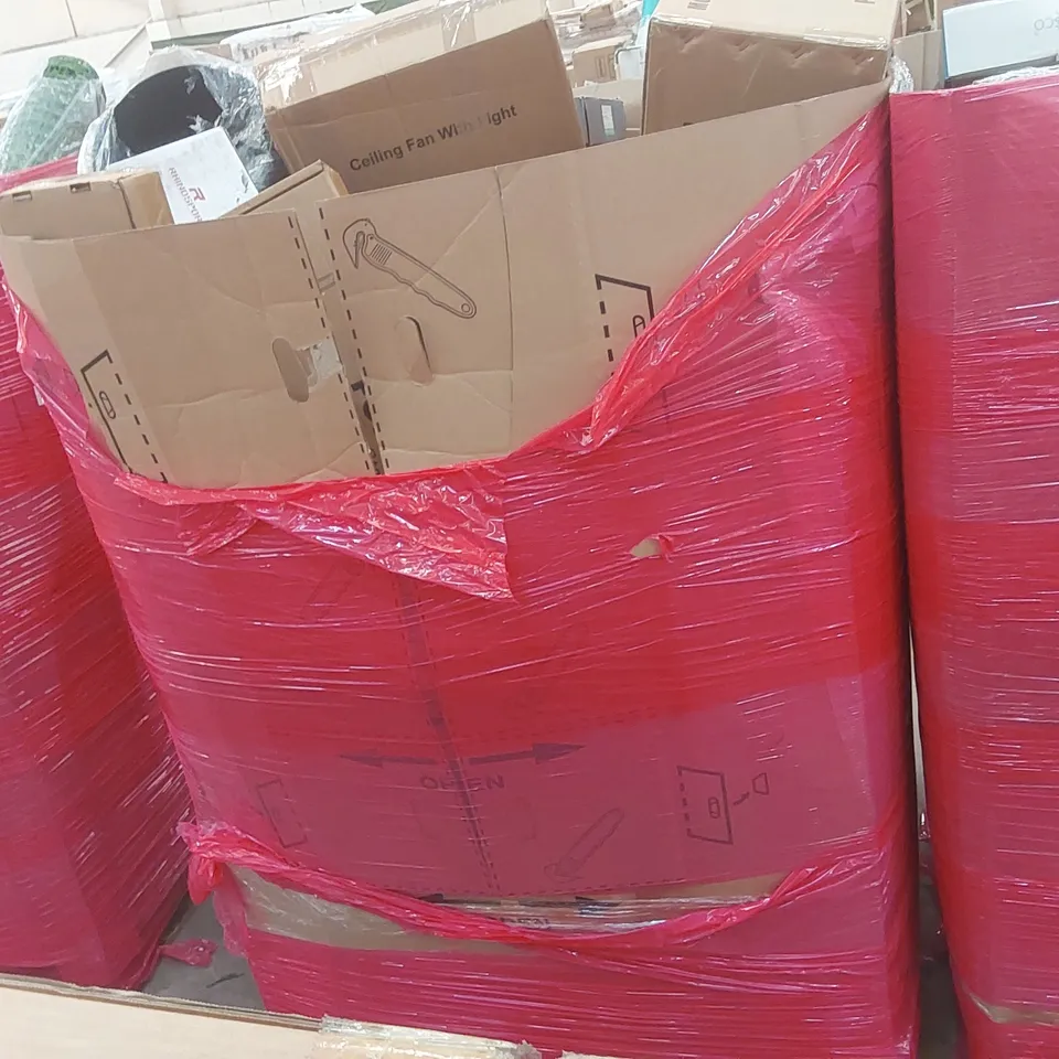PALLET OF ASSORTED ITEMS INCLUDING: ELECTRIC FRYER, AIR COOLER, CEILING FAN WITH LIGHT, VACUUM STAND, PULL-UP BAR ECT